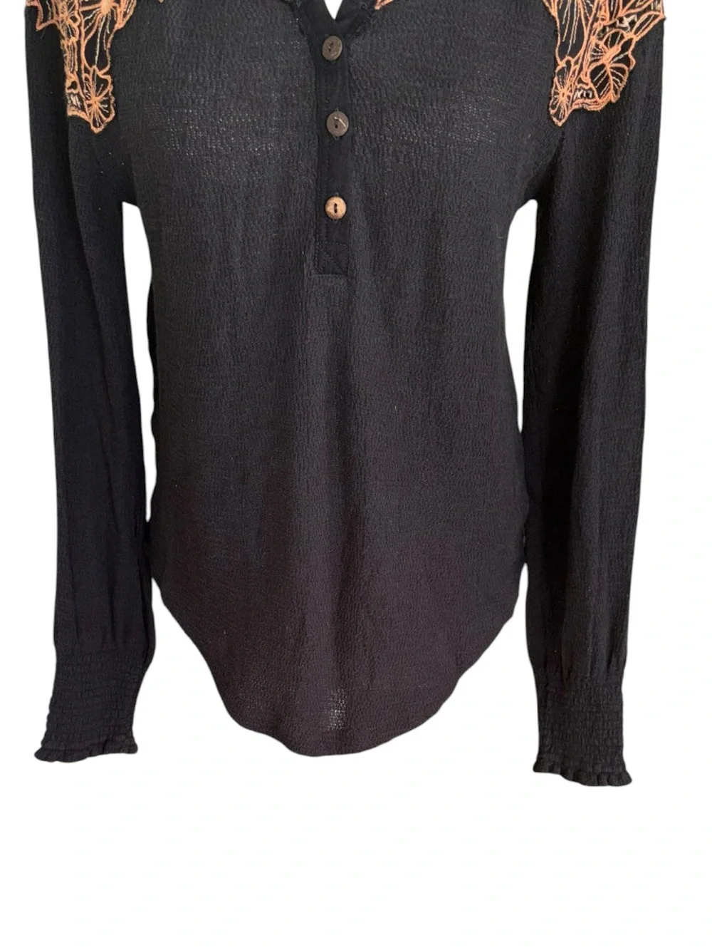 Free People Easy Breezy Black Embroidered Eyelet Henley Top - M